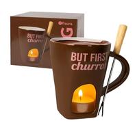 Fisura Tazza fonduta cioccolato originale. Fonduta di formaggio con tazza e forchetta. Tazza marrone con scritta "but first churros" per fonduta. Tazza regalo originale. 140 millilitri