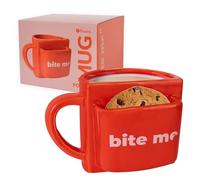 Fisura Tazza originale "Bite me". Tazza da tè rossa con tasca per biscotti. Mug per colazione divertente. Bicchiere da colazione moderno. Capacità: 360 ml