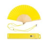 Fisura - Ventaglio giallo. Ventaglio in legno moderno e divertente. Ventaglio originale per l'estate. Ventaglio con cordino porta ventaglio. Dimensioni: 42,5 x 23 cm.