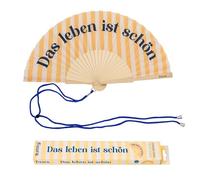 Fisura - Ventaglio in legno con messaggio “Das leben ist schon”. Ventaglio a mano moderno giallo a righe con laccetto. Accessorio estivo colorato, idea regalo originale, dimensioni 42,5 x 23 cm