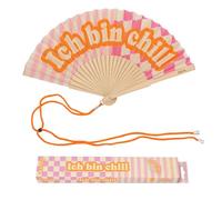 Fisura - Ventaglio in legno con messaggio “Ich bin chill”, ventaglio a mano moderno e colorato rosa con laccetto incluso, accessorio estivo originale, idea regalo divertente, 42,5 x 23 cm