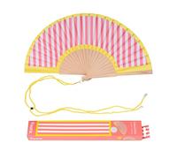 Fisura - Ventaglio in legno con motivo a righe rosa e gialle. Accessorio elegante e colorato, ventaglio a mano dal design originale con gancio pratico. Dimensioni: 42,5 x 23 cm