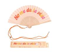 FISURA - Ventaglio in Legno Originale con Messaggio “No Me da la Vida”. Accessorio Moderno e colorato, ventaglio Portatile Arancione con Gancio Incluso. Dimensioni: 42,5 x 23 cm