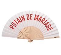 Fisura - Ventaglio matrimonio. Originale ventaglio "p*tain de mariage" Ventilatore a mano in legno. Ventaglio bianco e rosso. Dimensioni: 42,5cm x 23 cm. Materiale: legno e tessuto.