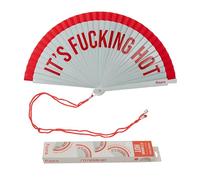 Fisura - Ventaglio originale con frase “It’s f*cking hot”. Accessorio reversibile in legno. Ventilatore portatile rosso bianco vivace. Gancio incluso. Dimensioni: 42,5 x 23 cm
