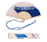 Fisura - Ventaglio Originale con Messaggio “A la sombrita”. Accessorio Pieghevole in Legno con Glitter Blu, Ventilatore Manuale Estivo per Spiaggia, Vacanze o Città, Laccetto Incluso 42,5 x 23 cm