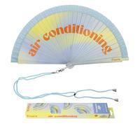 Fisura - Ventaglio originale con messaggio “Air conditioning”, pieghevole in legno reversibile moderno e colorato, ventaglio manuale sfumato blu giallo con laccetto, idea regalo estate, 42,5 x 23 cm