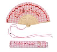 Fisura - Ventaglio Originale con Messaggio “Caldo d'Estate”. Accessorio Pieghevole in Legno con Motivo Quadri Rosa, Ventilatore Manuale Leggero per Spiaggia o Festival. Laccetto Incluso 42,5 x 23 cm