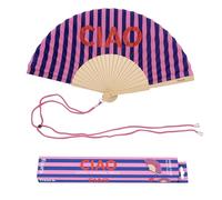 Fisura - Ventaglio originale con messaggio “Ciao”. Accessorio pieghevole in legno con glitter, righe blu e rosa, ventilatore manuale estivo per spiaggia o viaggio, laccetto incluso 42,5 x 23 cm