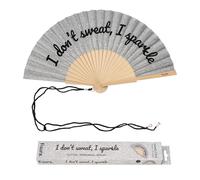 Fisura - Ventaglio originale con messaggio “I don't sweat”. Accessorio pieghevole in legno con glitter argento, ventilatore manuale per estate, spiaggia, vacanze o festival, laccetto 42,5 x 23 cm