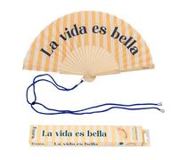 Fisura Ventaglio Originale con Messaggio La Vita è Bella. Ventaglio in Legno Moderno e colorato. Ventilatore a Mano Giallo a Righe. Gancio Incluso. Idea Regalo Divertente. 42,5 x 23 cm