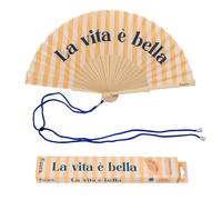 Fisura - Ventaglio originale con messaggio “La vita è bella”. Accessorio pieghevole in legno giallo con righe, ventilatore manuale leggero per estate, vacanze o viaggio. Laccetto incluso 42,5 x 23 cm