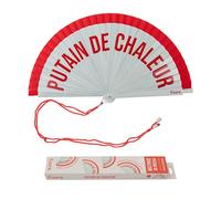 Fisura - Ventaglio originale con messaggio “P*tain de chaleur”. Accessorio reversibile in legno moderno e vivace. Ventilatore portatile rosso bianco. Gancio incluso. 42,5 x 23 cm