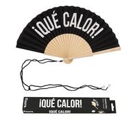 Fisura - Ventaglio originale con messaggio “Qué calor”. Ventaglio pieghevole in legno moderno, ventilatore manuale nero leggero per estate, vacanze, spiaggia o città. Laccetto incluso 42,5 x 23 cm