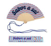 Fisura - Ventaglio originale con messaggio “Sabor a sal”. Ventaglio pieghevole in legno, ventilatore manuale blu stile mare per estate, spiaggia, vacanze e viaggio. Laccetto incluso 42,5 x 23 cm