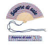 Fisura - Ventaglio originale con messaggio “Sapore di sale”. Accessorio pieghevole in legno blu, ventilatore manuale leggero per spiaggia, vacanze, viaggio o estate. Laccetto incluso 42,5 x 23 cm