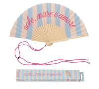Fisura - Ventaglio Originale con Messaggio “Sole, Mare e Amore”. Accessorio Pieghevole in Legno Blu con Righe, Ventilatore Manuale Legger per Spiaggia o Viaggio. Laccetto Incluso 42,5 x 23 cm