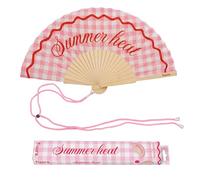 Fisura - Ventaglio originale con messaggio “Summer heat”. Ventaglio pieghevole con motivo a quadri rosa, ventilatore manuale leggero per estate, spiaggia o vacanze. Laccetto incluso 42,5 x 23 cm