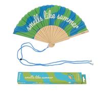 Fisura - Ventaglio originale in legno con scritta “Smells Like Summer”, ventaglio a mano moderno verde e blu, con laccetto incluso, idea regalo estiva, 42,5 x 23 cm