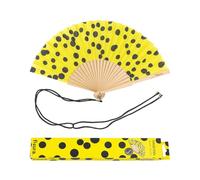 Fisura - Ventaglio originale con stampa a pois. Ventaglio moderno in legno colorato. Ventaglio con cordino porta ventaglio. Ventaglio giallo e nero. Dimensioni: 42,5 x 23 cm.