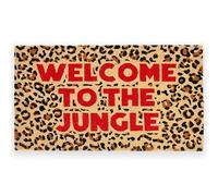 Fisura - Tappeto d’ingresso “The jungle” in cocco con base antiscivolo in PVC. Tappeto leopardato dipinto a mano con messaggio vivace, perfetto per accogliere i tuoi ospiti. Misure: 70 x 40 cm.