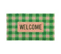 Fisura - Zerbino ingresso casa in cocco Welcomecon supporto in PVC antiscivolo. Zerbino con motivo vichy dipinto a mano. Dimensioni: 70 cm x 40 cm. Colore: verde e bianco.