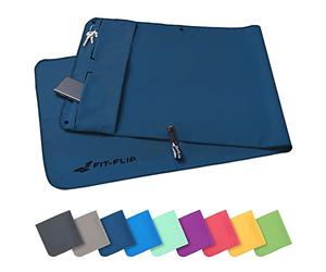 Fit-Flip Asciugamano Sportivo con Scomparto a Cerniera e Clip Magnetica - Telo in Microfibra - Compatto e ad Asciugatura Rapida - Accessori da Palestra uome e Donna - Blu Marino