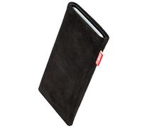 fitBAG Folk Nero per Apple iPhone 16e / iPhone 14 / iPhone 14 Pro Custodia per cellulare pelle scamosciata con imbottitura in microfibra | Accessorio con funzione di pulizia | Made in Germany