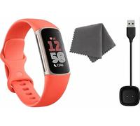 Fitbit Charge 6 Fitness Tracker (Bundle) - Nero/Ossidiana - Frequenza Cardiaca, GPS, monitoraggio del sonno e dello stress + Caricatore Rapido e Panno di Pulizia (Corallo)