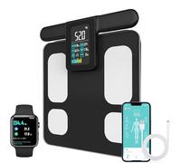 Fitdays - Bilancia intelligente per analisi del corpo, 8 elettrodi di precisione digitale BMI con 20 metriche, indicatore di colore Bluetooth per muscoli/grassi/acqua, sincronizzazione familiare per 6