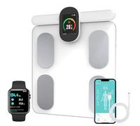 Fitdays - Bilancia intelligente per analisi del corpo, 8 elettrodi di precisione digitale BMI con 20 metriche, indicatore di colore Bluetooth per muscoli/grassi/acqua, sincronizzazione familiare per 6