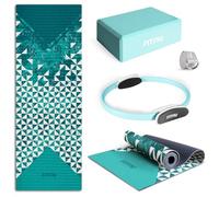 FITFIU Fitness KITWELL-400 - Kit yoga pilates blu 4 accessori che comprende tappetino con disegno geometrico, blocco, anello e cinghia, speciale per sessioni di yoga e pilates