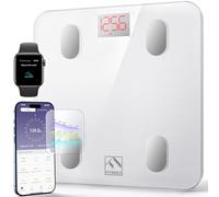 FITINDEX Bilancia Digitale Bilancia Pesapersone, Impedenziometrica Intelligente Bluetooth, 13 Funzioni, Analisi Composizione Corporea con App per Massa Grassa, BMI, Grasso Viscerale, Bianca