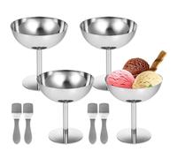 Fitlin 4 Pcs Ice Cream Cups with Spoons, High Footed Dessert Serving Bowls, Reusable Stainless Steel Sundae Cups, Round Yogurt Cups, Salad Snack Globets, Fruit Pudding Bowls for Parties, Bars