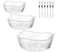 Fitlin 9-Piece Japanese Gold Rim Glass Bowls Set, Heavy Duty Small Medium Large Bowls, Includes 6 Forks, for Salads Desserts & More
