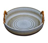 Fitlin Ceramic Fruit Bowl, 9.1 in x 9.1 in x 1.6 in, Japanese Retro Style with Handwoven Leather Handles, Minimalist Ivory Snack Tray, Decorative Bowl for Kitchen, Countertop, Home Décor