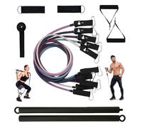 FITPADDY® - Kit Elastici Fitness Professionale con 5 fasce elastiche e carico da 5 a 46 kg. Due maniglie ergonomiche, una barra 90 cm, un ancoraggio porta, due cinturini caviglie/polsi, sacca.