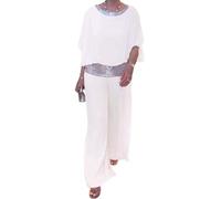 FITPOST Paillette-Colorblock Elegante Due Pezzi, Girocollo Chiffon Gamba Larga Gamba Pantalone, Casual Allentato Estate Paillettes Pantsuits, bianco, M