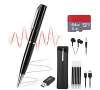 FitRepa 12 penne registratori vocali digitali portatili con riduzione del rumore, registratore ad attivazione vocale con scheda TF da 64 GB per cuffie, lettore di schede, penna e cavo dati USB