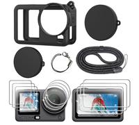 FiTSTILL Custodia in gomma siliconica+3 pellicole protettive in vetro temperato compatibili per DJI Osmo Action 6, custodia in gomma, copriobiettivi, pellicole protettive per schermo e cordino, per