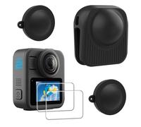 FiTSTILL Set di 2 protezioni in silicone per GoPro Max 2, proteggi schermo in vetro temperato + copriobiettivo + custodia protettiva a copertura completa, durezza 9H, antipolvere e antigraffio, max 2