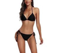 FITTOO Bikini a triangolo da donna, set push up, con allacciatura al collo, bikini regolabile, con lacci, costume da bagno in due pezzi, nero (set), L