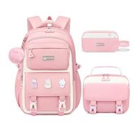 Fitvc Zaino per la scuola per ragazze - Borsa per libri con tasche multiple, grande capacità, zaino per la scuola per ragazze, Set zaino rosa-bianco