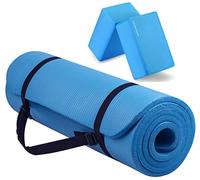Fitvids Tappetino da yoga multiuso, extra spesso, ad alta densità, antistrappo, con cinghia per il trasporto e blocchi per yoga, blu