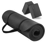 Fitvids Tappetino da yoga multiuso extra spesso da 1,27 cm, ad alta densità, anti-strappo, con cinghia per il trasporto e blocchi per yoga, nero