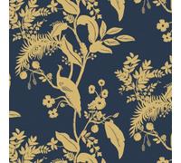 Fiula Carta da parati autoadesiva con fiori, blu marino, oro, animale, 44 cm x 10 m, foglie, uccelli, carta da parati adesiva, impermeabile, per soggiorno, camera da letto, pellicola decorativa per