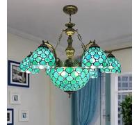 Fiunkes Lampadario da Cucina e Sala da Pranzo a 7 Teste, Vintage Blu Rosa Beige Vetro colorato Perline Bianche Ambra Luce Pendente Regolabile in Altezza per Camera da Letto Soggiorno,Blu