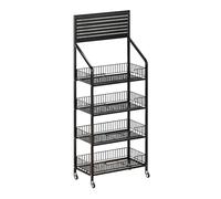 Fivaz Espositore per snack da supermercato 4 ripiani, espositore per negozi nero indipendente con 12 ganci e 4 ruote, grande scaffale per snack in metallo per attività commerciali
