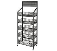 Fivaz Espositore per snack da supermercato 5 ripiani, espositore per negozi nero indipendente con 12 ganci e 4 ruote, grande scaffale per snack in metallo per attività commerciali