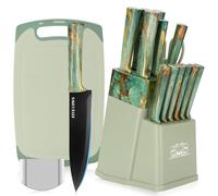 FIVE COWS Coltelli da Cucina, 16 pz, Con Tagliere e Forbici, Coltelli da Chef, Coltelli da Pane, Dispositivo di Protezione per le Dita, Acciaio Inossidabile, set Ceppo Coltelli da Cucina(Verde)